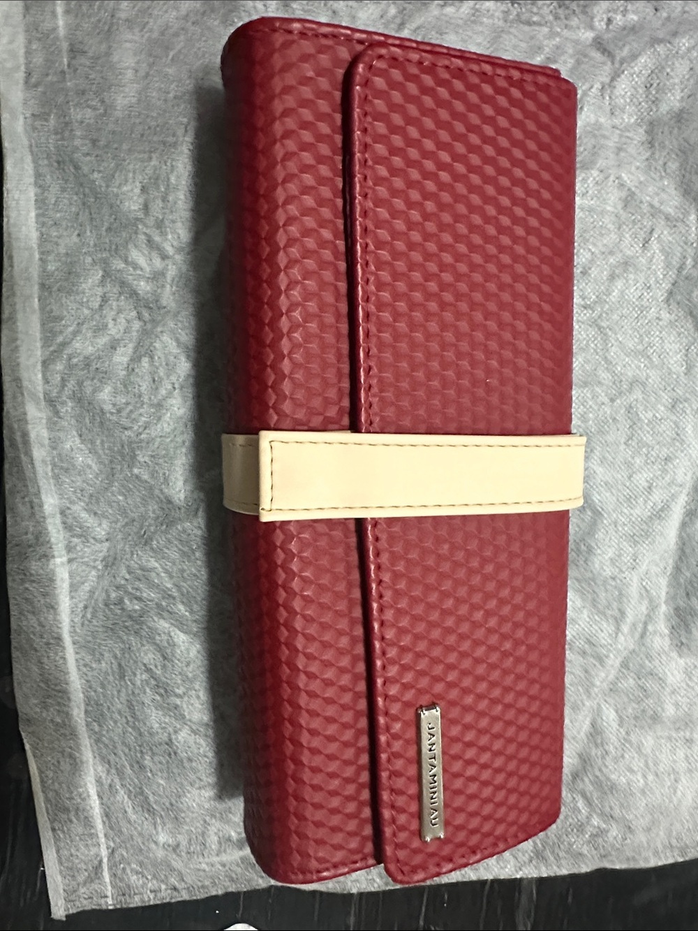 Red Textured Clutch with Cream Strap